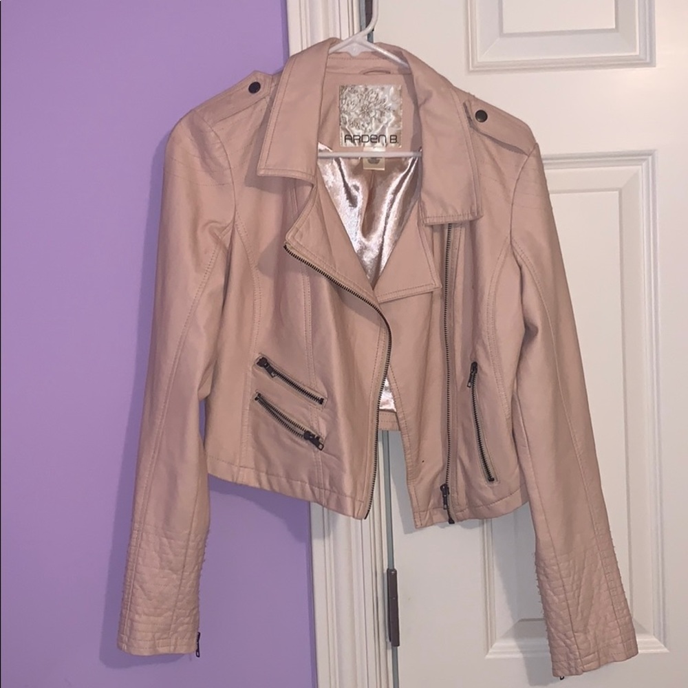 Cropped baby pink leather jacket